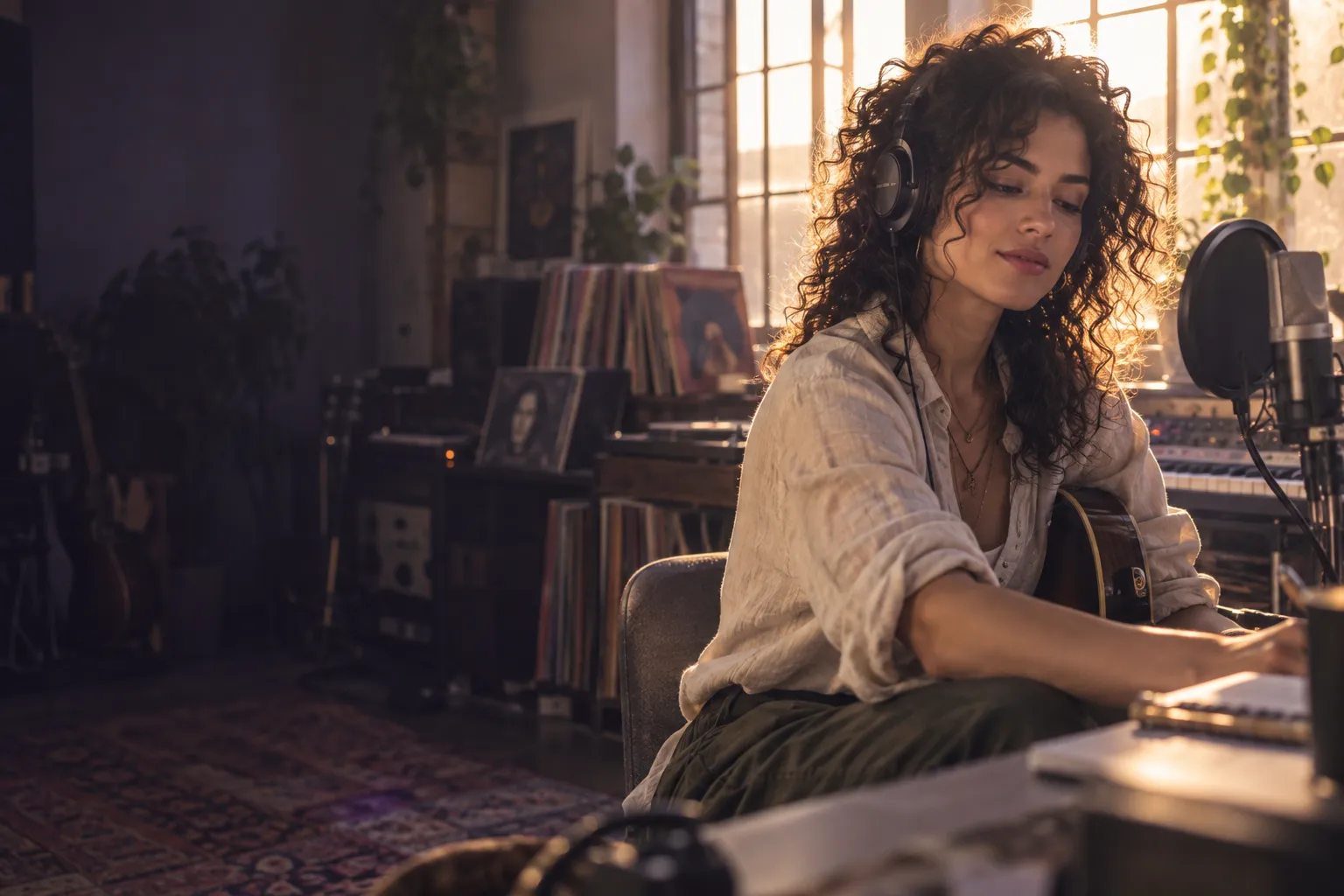 Concept artwork of a musician creating in a sunlit recording studio