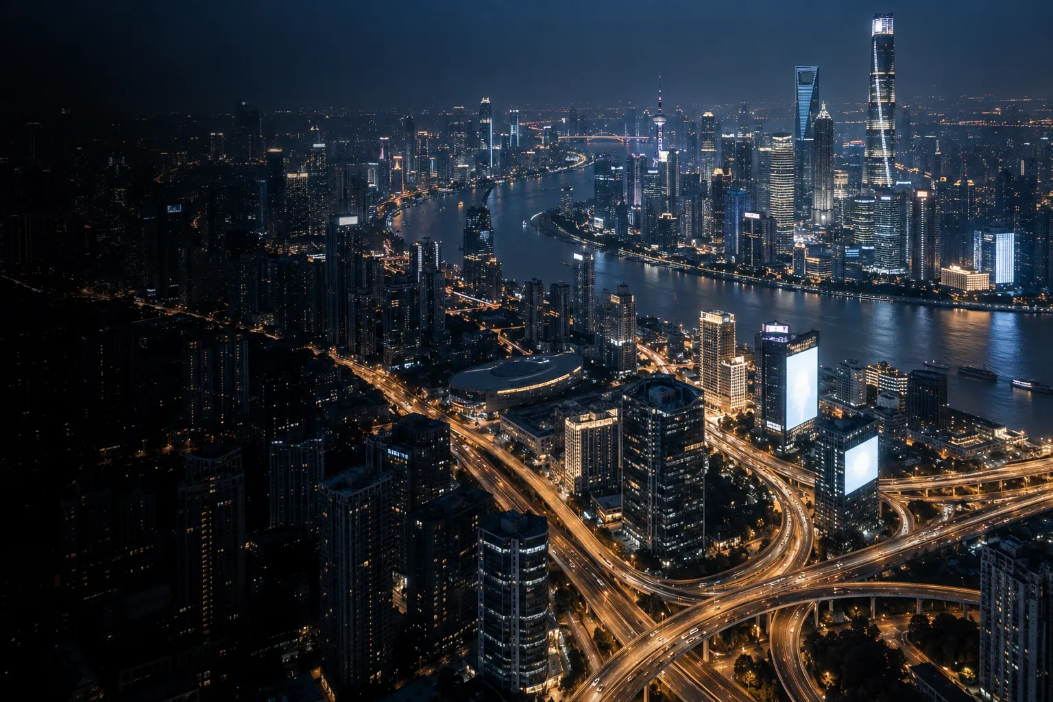 Concept artwork of illuminated roads connecting a city at night