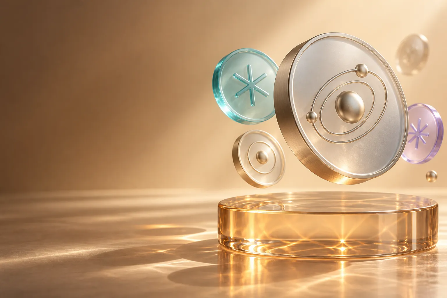 Original glass and gold token sculpture with abstract orbit symbols