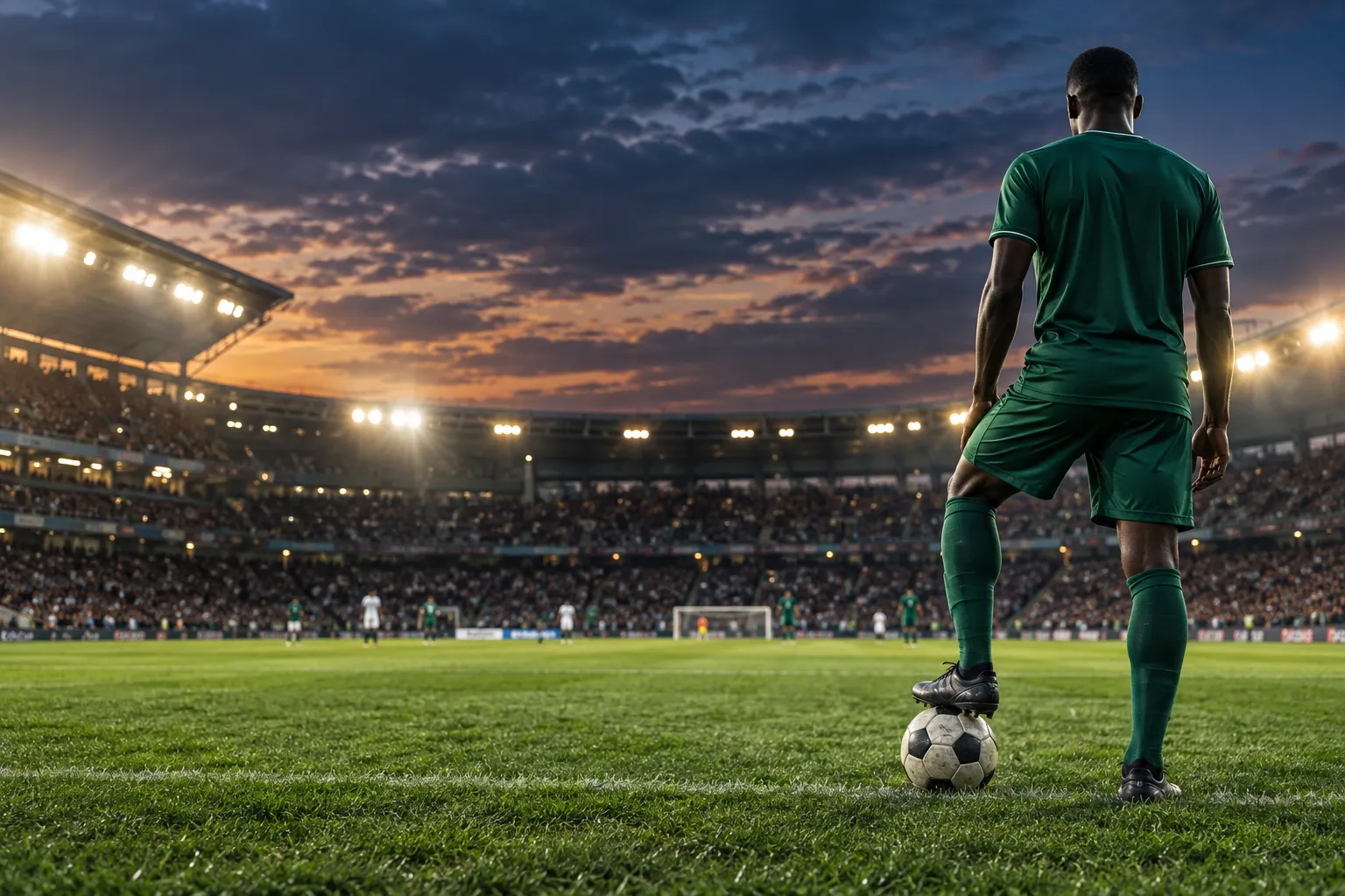 Concept artwork of a footballer looking across a floodlit stadium
